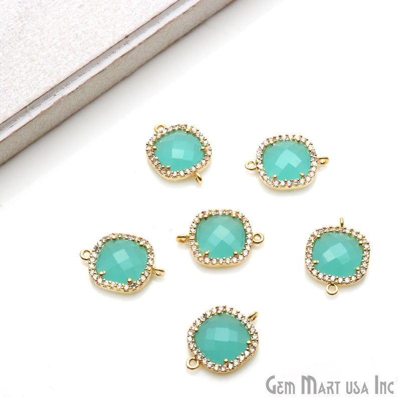 Cushion 10mm Gold Prong Setting Cubic Zircon Pave Connectors (Pick Stone) - GemMartUSA
