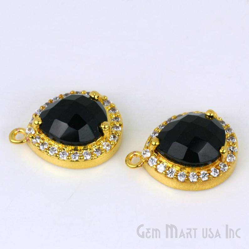 Black Onyx Gemstone 10x12mm Pear Shape Cubic Zirconia Prong Setting Gold Connector - GemMartUSA