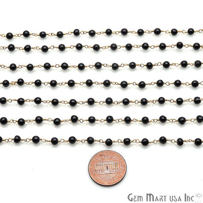 Black Spinel 3mm Beaded Gold Wire Wrapped Rosary Chain - GemMartUSA