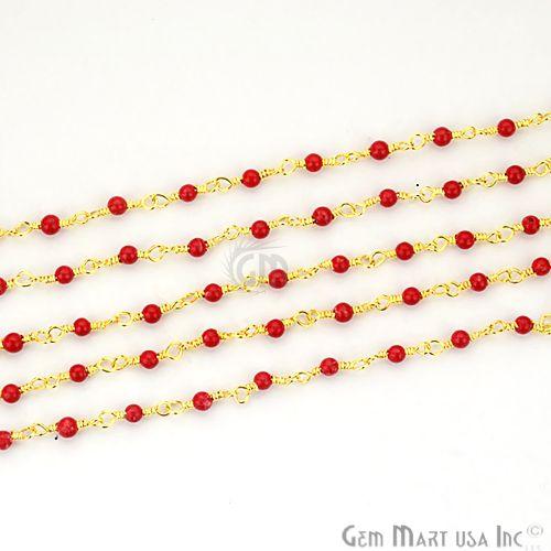 Red Coral Tiny Smooth Round Beads Gold Wire Wrapped Rosary Chain