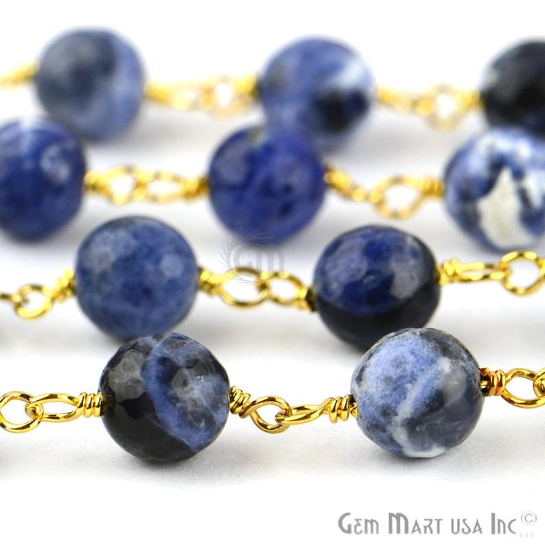 Sodalite Jade Faceted Beads 8mm Gold Plated Wire Wrapped Rosary Chain - GemMartUSA