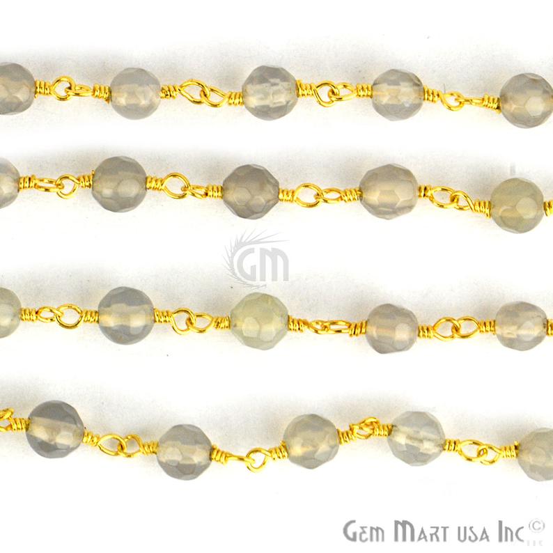 Grey Jade Faceted Beads 4mm Gold Plated Wire Wrapped Rosary Chain - GemMartUSA