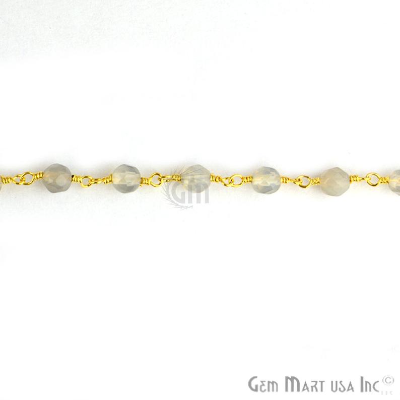 Grey Jade Faceted Beads 4mm Gold Plated Wire Wrapped Rosary Chain - GemMartUSA