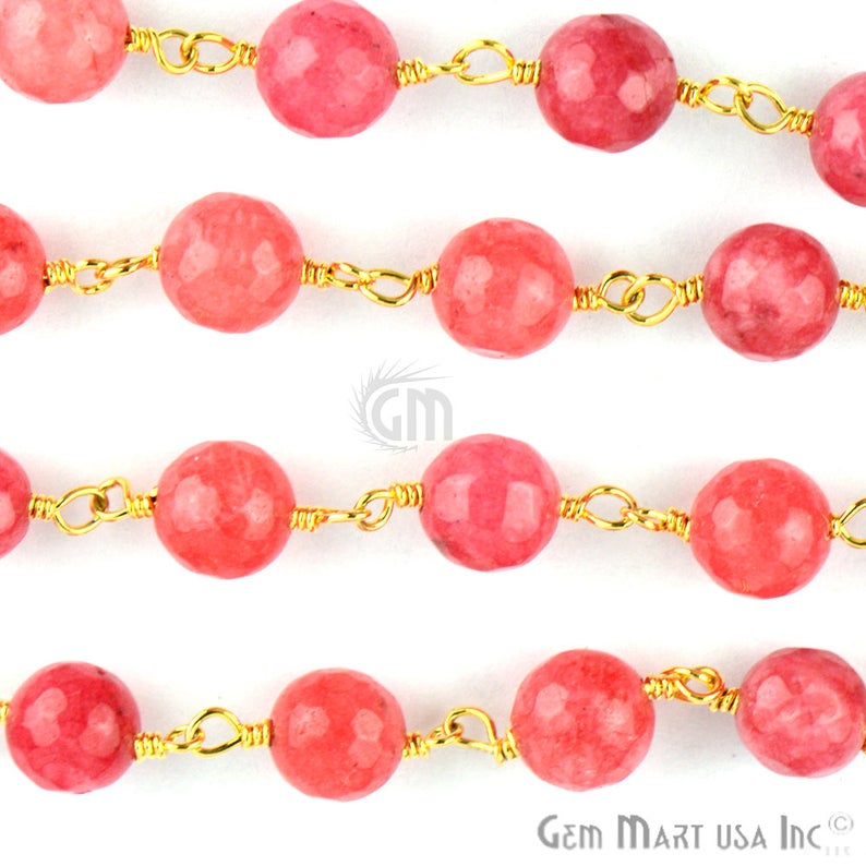 Pink Sunstone Jade Faceted Beads 8mm Gold Plated Wire Wrapped Rosary Chain - GemMartUSA