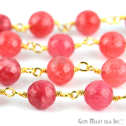 Pink Sunstone Jade Faceted Beads 8mm Gold Plated Wire Wrapped Rosary Chain - GemMartUSA