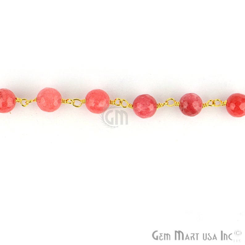 Pink Sunstone Jade Faceted Beads 8mm Gold Plated Wire Wrapped Rosary Chain - GemMartUSA