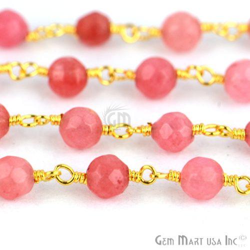 Pink Sunstone Jade 4mm Beads Gold Plated Wire Wrapped Rosary Chain (763663941679)