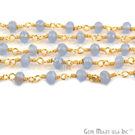 Grey Chalcedony Gemstone Beads Gold Plated Rosary Chain