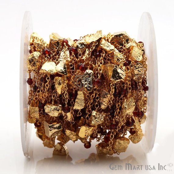 Garnet With Golden Pyrite Gold Wire Wrapped Beads Rosary Chain - GemmartUSA