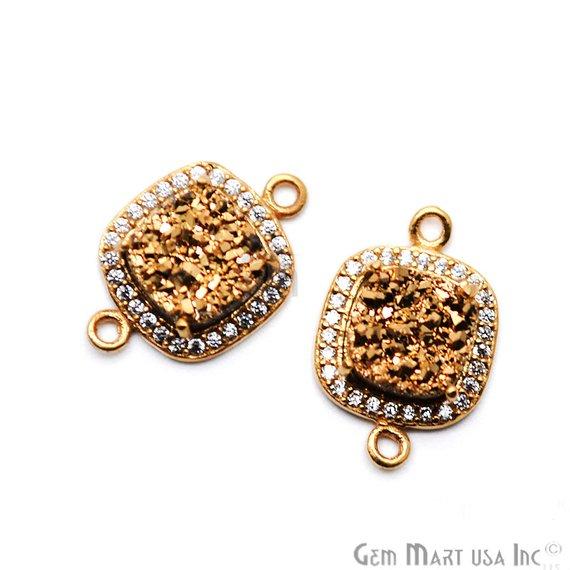 Druzy With Cubic Zircon Pave 8mm Cushion Shape Gold Plated Double Bail Gemston Connector (40015) - GemMartUSA