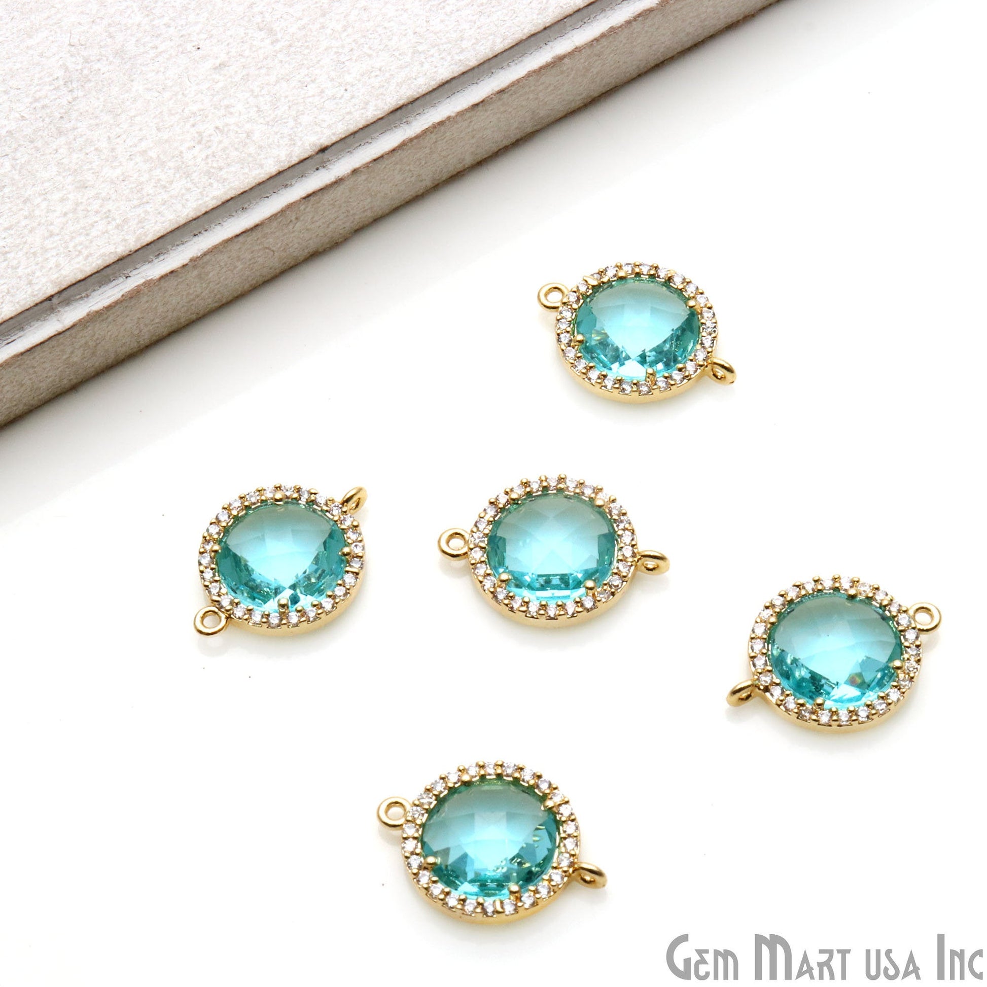 Round 10mm Gold Prong Setting Cubic Zircon Pave Connectors (Pick Stone) - GemmartUSA