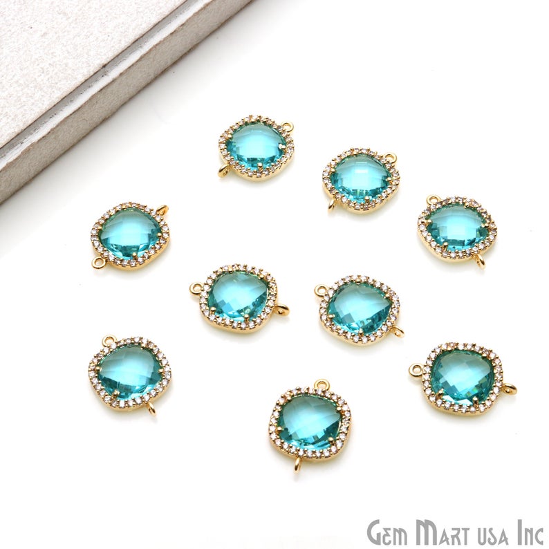 Cushion 10mm Gold Prong Setting Cubic Zircon Pave Connectors (Pick Stone) - GemmartUSA
