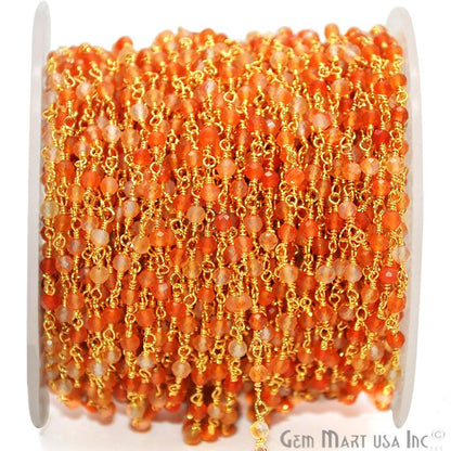 Hessonite Gemstone 2.5-3m Gold Wire Wrapped Bead Rosary Chain - GemMartUSA