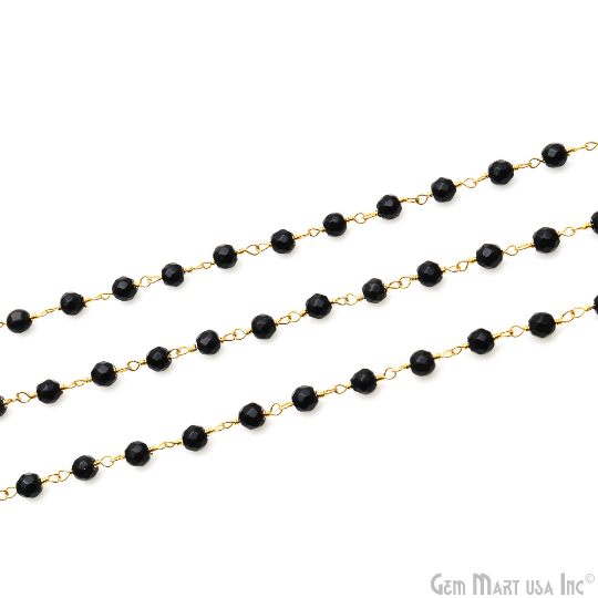 Black Jade 4mm Tiny Beads Gold Wire Wrapped Rosary Chain