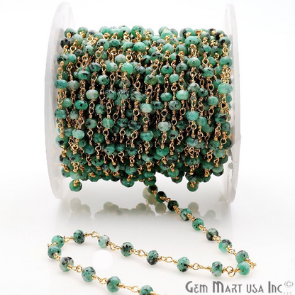 Emerald Jade 4mm Faceted Beads Gold Plated Wire Wrapped Rosary Chain