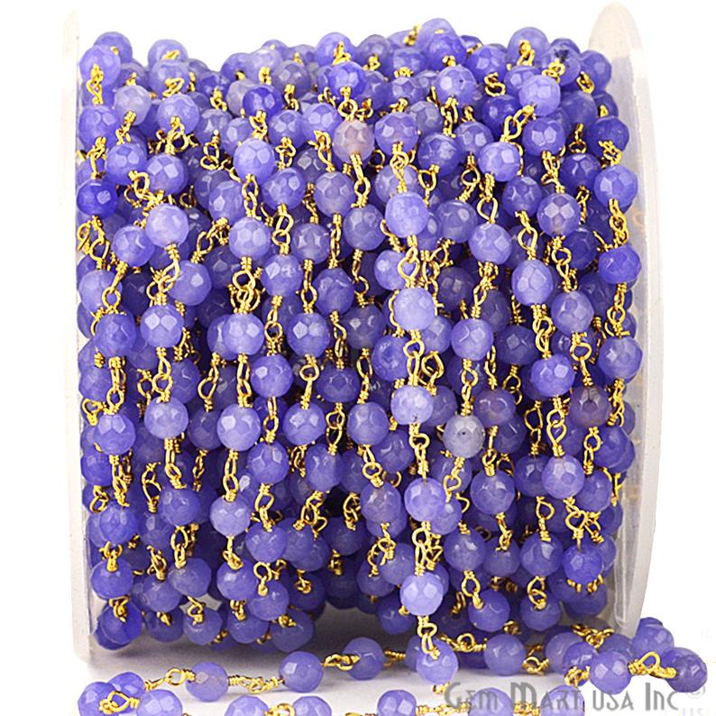 Tanzanite Jade Faceted Beads 4mm Gold Plated Wire Wrapped Rosary Chain - GemMartUSA