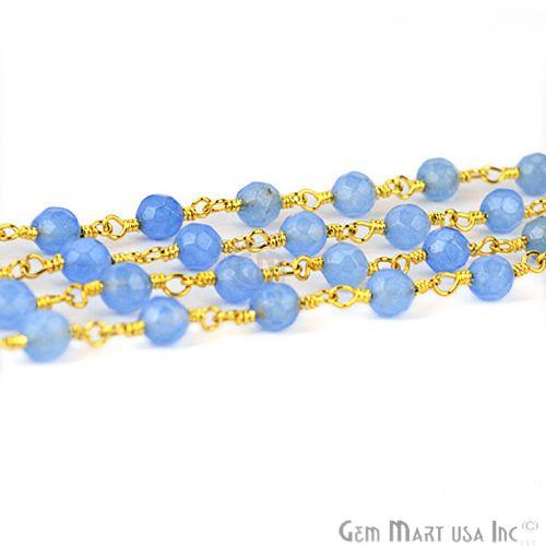 Sky Blue Jade 4mm Beads Gold Plated Wire Wrapped Rosary Chain (763738030127)