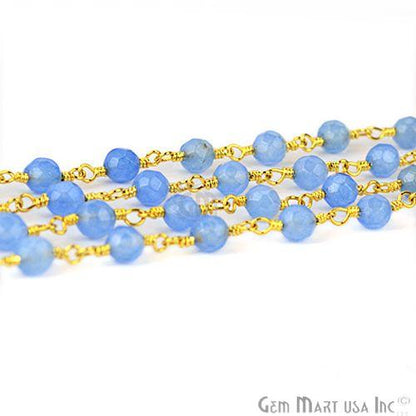 Sky Blue Jade 4mm Beads Gold Plated Wire Wrapped Rosary Chain (763738030127)