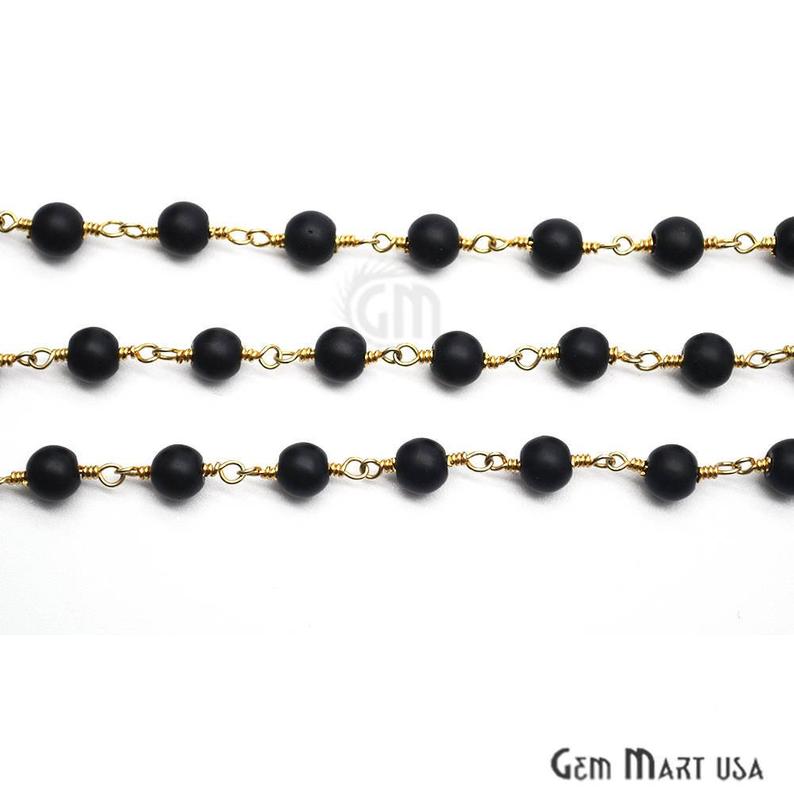 Black Tourmaline Gold Plated Wire Wrapped Beads Rosary Chain, - GemMartUSA (763741241391)