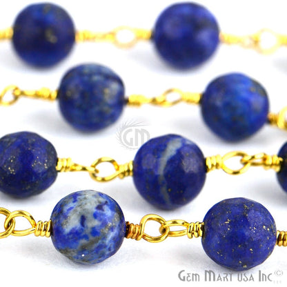 Lapis Jade Faceted Beads 8mm Gold Plated Wire Wrapped Rosary Chain - GemMartUSA