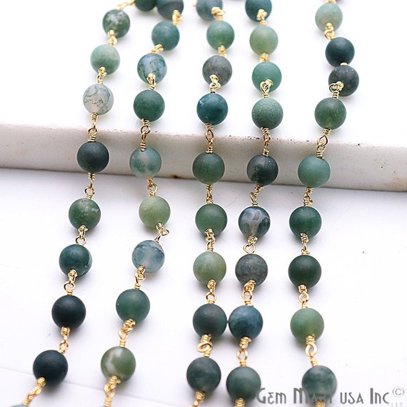 Tree Agate Frosted Gold Plated Wire Wrap Round Bead Jewelry Making Rosary Chain - GemMartUSA