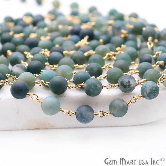 Tree Agate Frosted Gold Plated Wire Wrap Round Bead Jewelry Making Rosary Chain - GemMartUSA