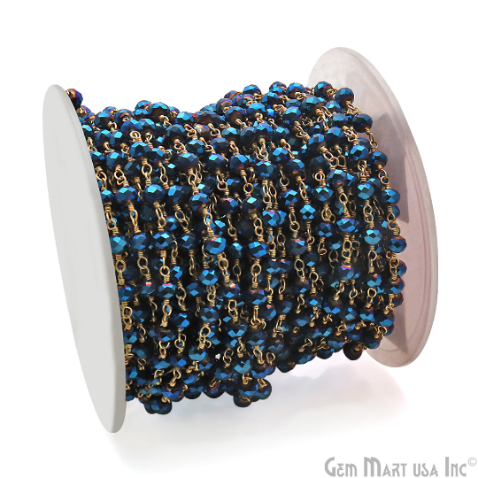 Metallic Blue 3-3.5 mm Gold Wire Wrapped Beads Rosary Chain - GemMartUSA