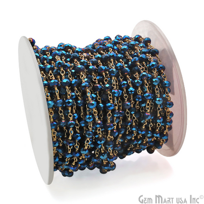 Metallic Blue 3-3.5 mm Gold Wire Wrapped Beads Rosary Chain - GemMartUSA