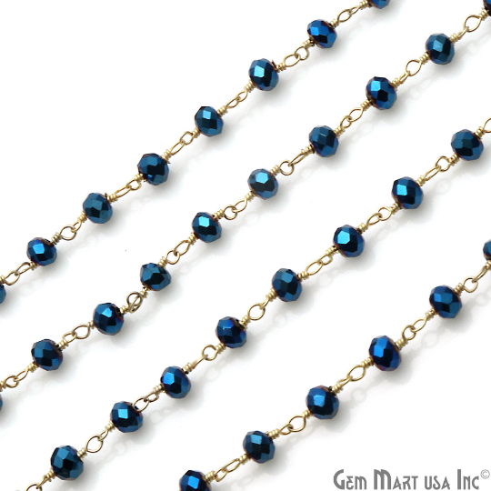 Metallic Blue 3-3.5 mm Gold Wire Wrapped Beads Rosary Chain - GemMartUSA