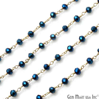 Metallic Blue 3-3.5 mm Gold Wire Wrapped Beads Rosary Chain - GemMartUSA