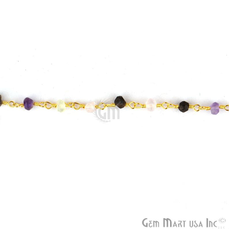 Multi Color Stone 3-3.5 Gold Plated Beaded Wire Wrapped Rosary Chain - GemMartUSA