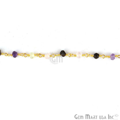 Multi Color Stone 3-3.5 Gold Plated Beaded Wire Wrapped Rosary Chain - GemMartUSA