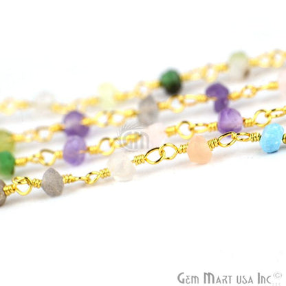 Multi Color Stone 3-3.5 Gold Plated Beaded Wire Wrapped Rosary Chain - GemMartUSA