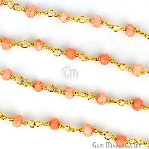 Peach Moonstone 3-3.5mm Gold Plated Wire Wrapped Rosary Chain (764019212335)