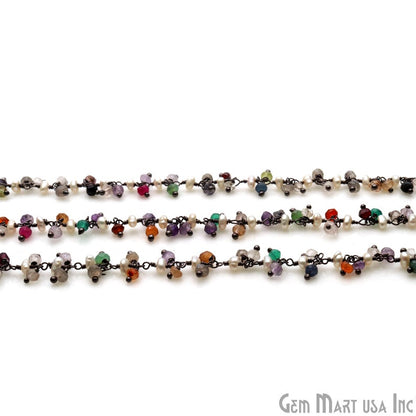 Multi Stone With Pearl 2.5-3m Oxidized Wire Wrapped Cluster Rosary Chain - GemMartUSA