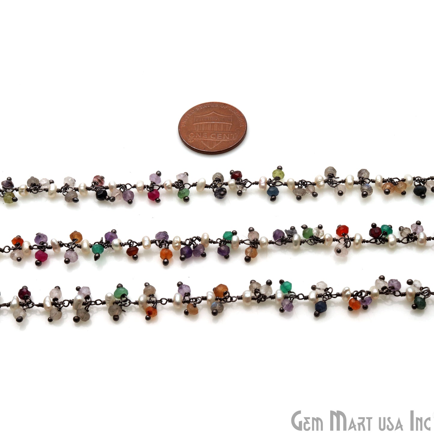 Multi Stone With Pearl 2.5-3m Oxidized Wire Wrapped Cluster Rosary Chain - GemMartUSA