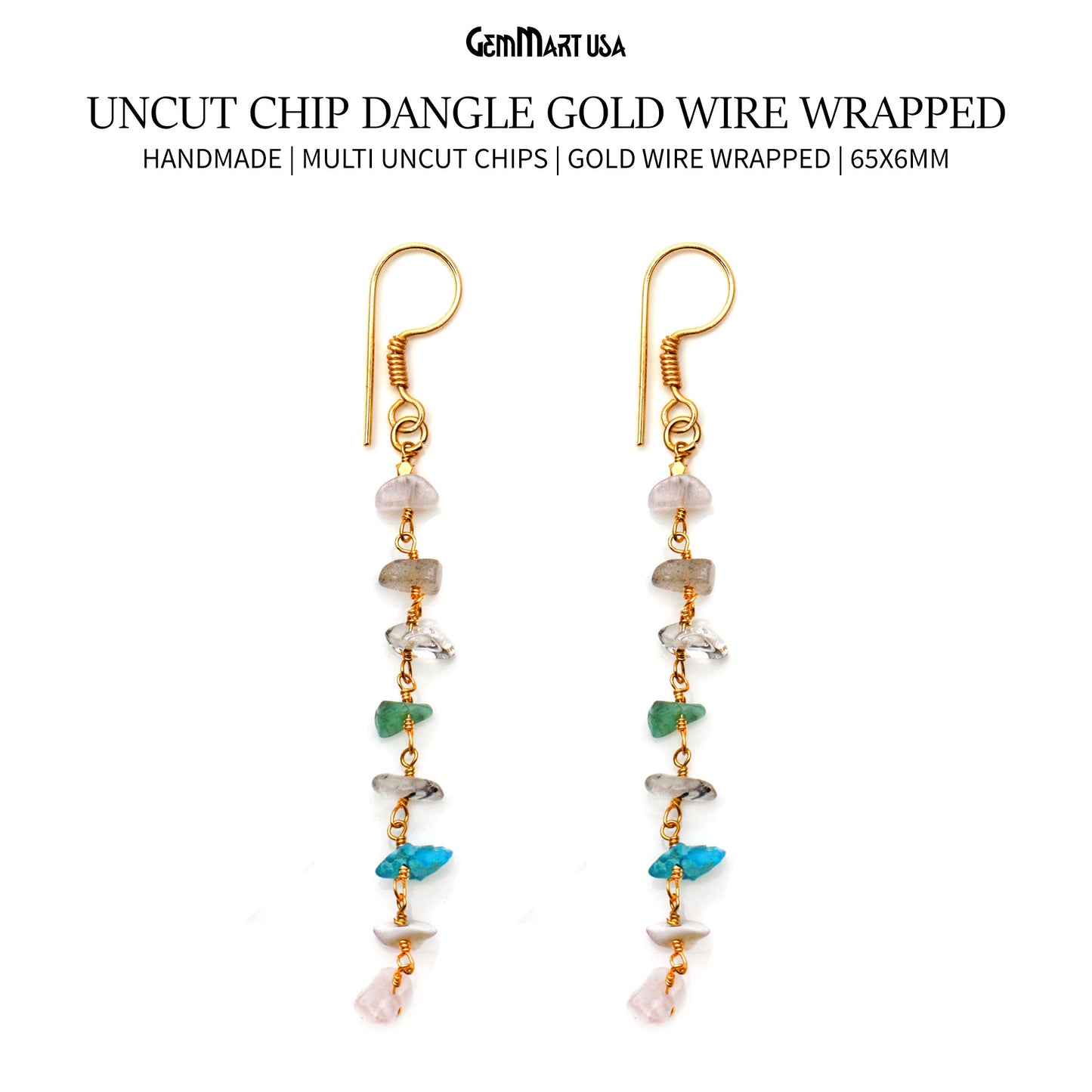 Uncut Chip Dangle Gold Wire Wrapped Y Necklace Pendant , Uncut Chip Dangle Earring
