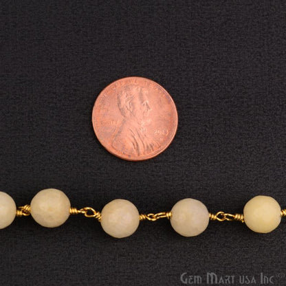 Light Caramel Jade Faceted Beads 8mm Gold Plated Wire Wrapped Rosary Chain - GemMartUSA