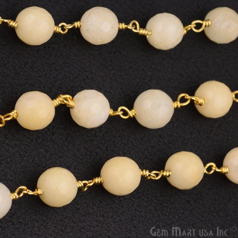 Light Caramel Jade Faceted Beads 8mm Gold Plated Wire Wrapped Rosary Chain - GemMartUSA