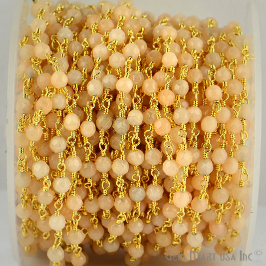 Light Caramel Jade 4mm Gold Wire Wrapped Beads Rosary Chain