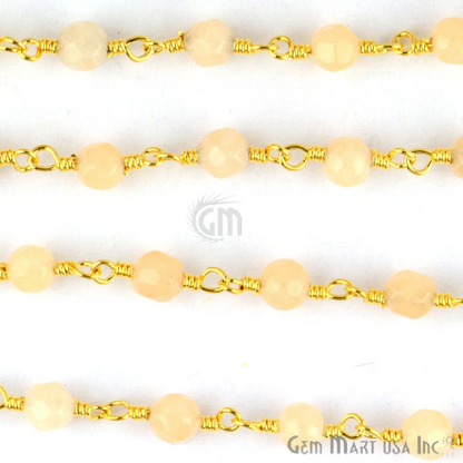 Light Caramel Jade 4mm Gold Wire Wrapped Beads Rosary Chain