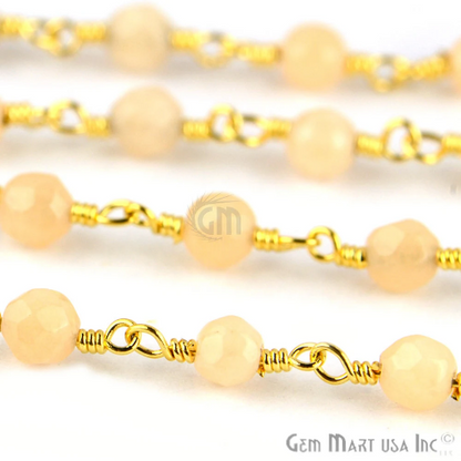 Light Caramel Jade 4mm Gold Wire Wrapped Beads Rosary Chain