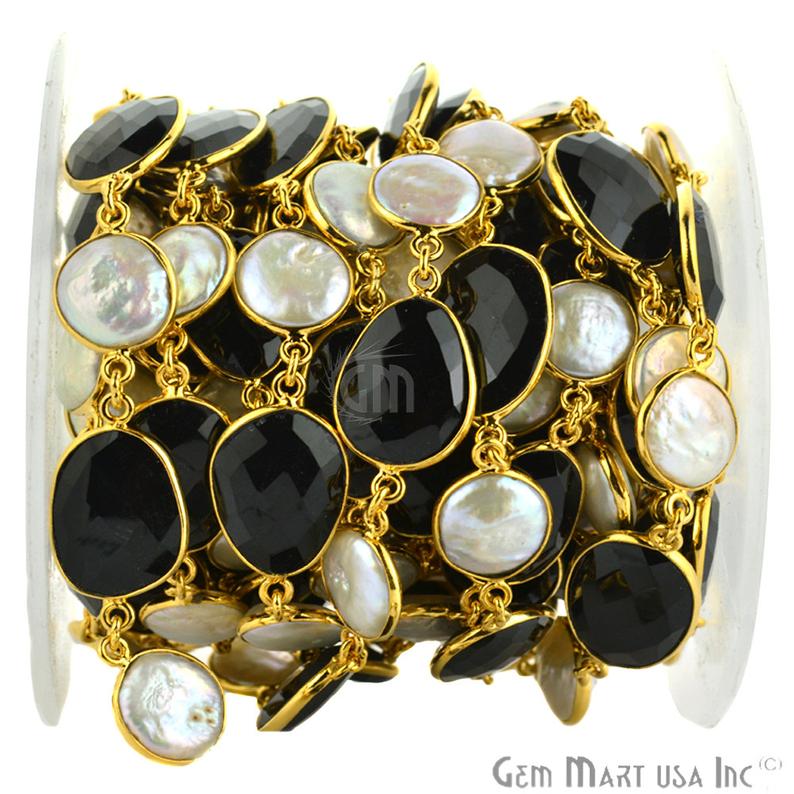 Black Onyx & Pearl Gold Bezel 10-15mm Continuous Connector Chain - GemmartUSA
