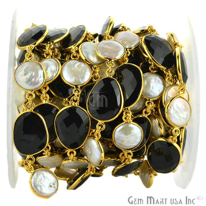 Black Onyx & Pearl Gold Bezel 10-15mm Continuous Connector Chain - GemmartUSA