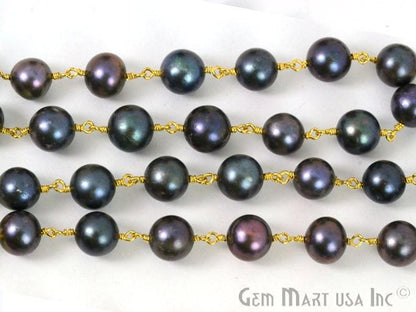 Black pearl Gold Plated Wire Wrapped Beads Rosary Chain - GemMartUSA (763641921583)