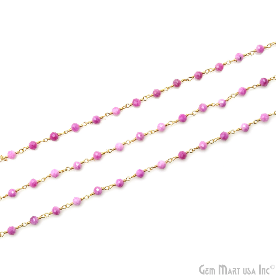 Pink Jade 3-3.5mm Beaded Gold Plated Wire Wrapped Rosary Chain