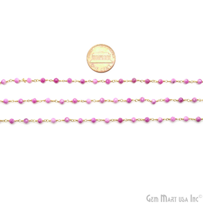 Pink Jade 3-3.5mm Beaded Gold Plated Wire Wrapped Rosary Chain