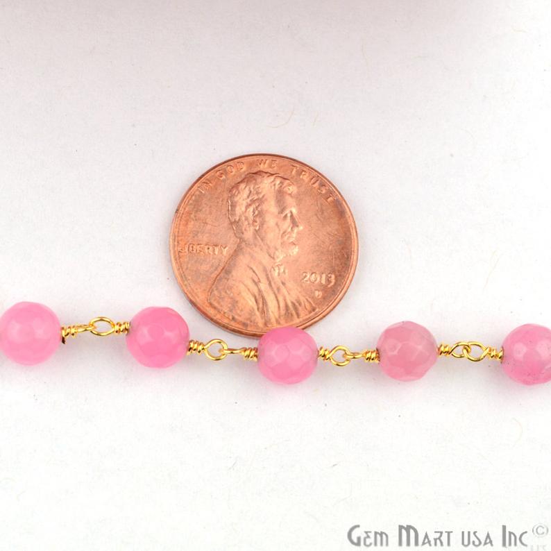 Baby Pink Jade Faceted Beads Gold Plated Wire Wrapped Rosary Chain - GemMartUSA