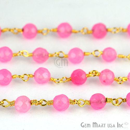 Baby Pink Jade Beads Gold Plated Wire Wrapped Rosary Chain (763649097775)