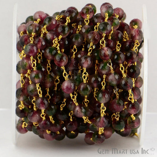 Purple Malaysia Jade Faceted Beads 8mm Gold Plated Wire Wrapped Rosary Chain - GemMartUSA